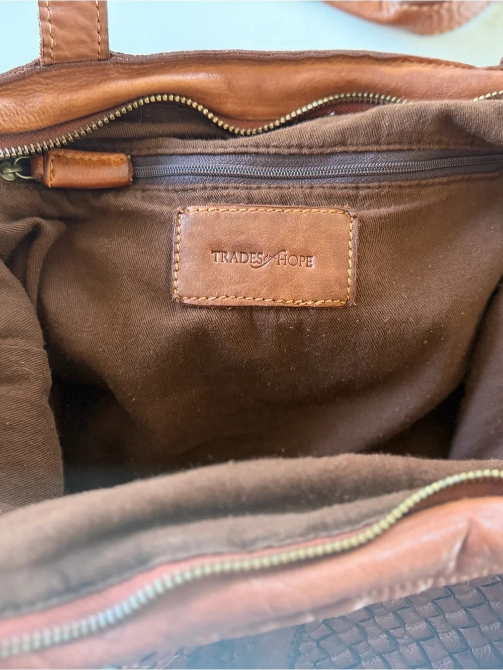 Trades Of Hope LEather Brown shoulder bag Purse Crossbody Woven Interlocking